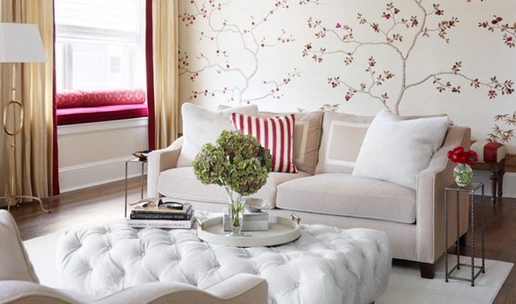 beautiful flower wallpaper white loveseat decorative pillows white table white rug tiny metal side table