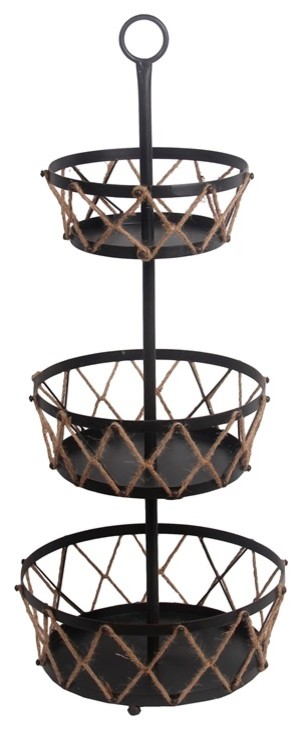 black brown metal finish rustic three tier serving stand with rope accent