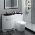 Modern White High End Plumbing Fixtures With Sink, Toilet, Mirror, Shower, Shampoo Soap Storage