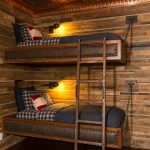 wall mounted bunk beds, with wooden frame with leather tufted accent, chains, copper stairs