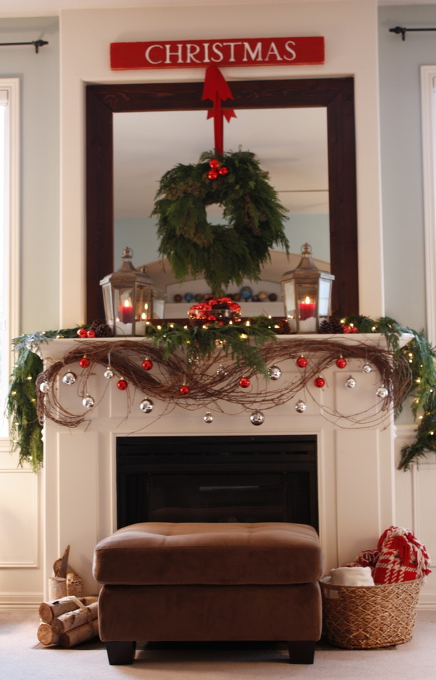 fall christmass mantel decoration large wood frame mirror modern fireplace mini couch