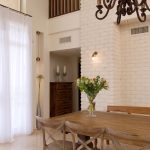 Hardwood Dining Table And Solid Wood Dining Chairs In Pale Tone Color Clean White Brick Walls White Floors