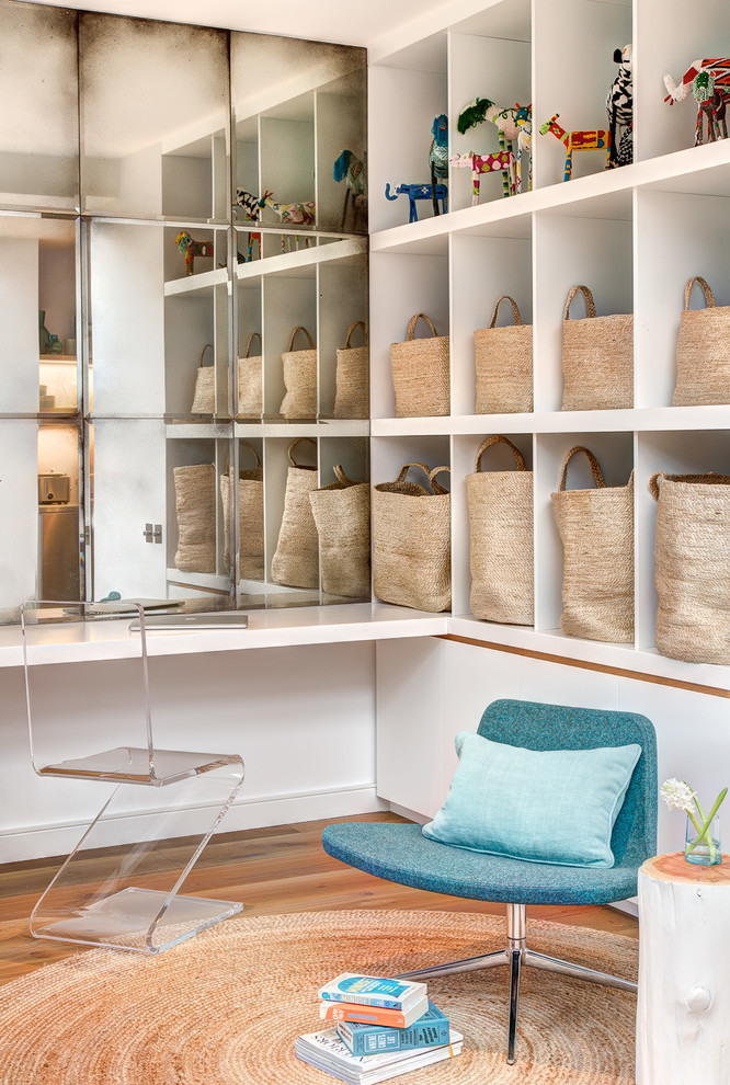 minimalist interior design storage contemporary home office big mirror shelves table books transparent chair