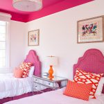 stylish bedroom design with kids two beds window painting transitional kids room pillows pink white table lamp