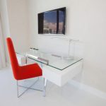 wall computer table glass chair wall TV curtain light colored floor contemporary home office