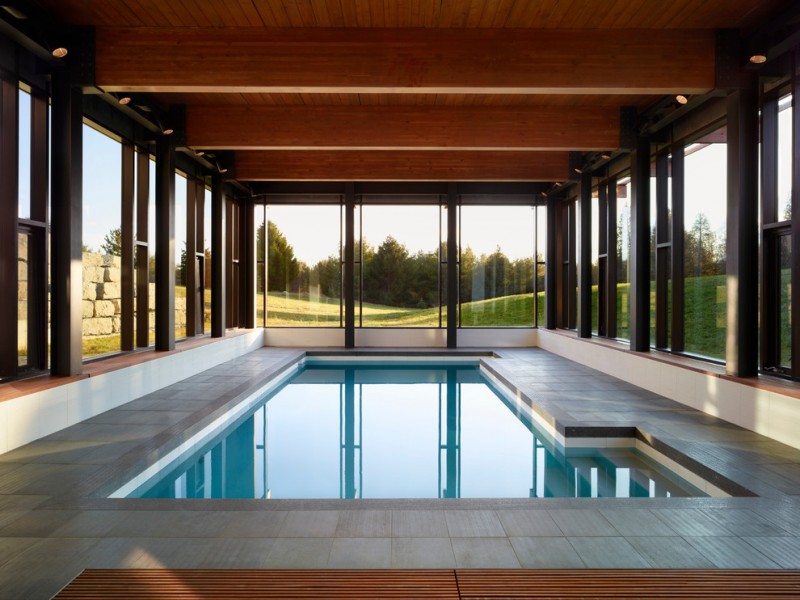 dark toned cedar enclosure for modern minimalist interior pool natural stone paver flooring idea fulll glass windows with black painted frames