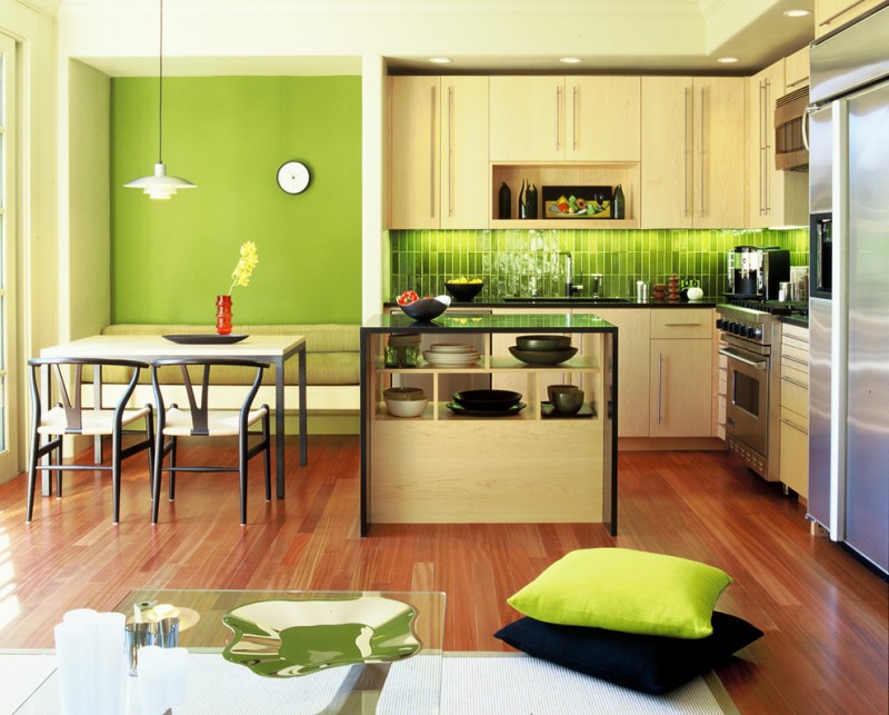 good colors for kitchens flat panel cabinets green backsplash ceiling lights island countertops undermount sink stainless steel appliances dining table chairs hardwood floors modern design
