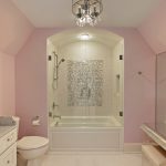 Jacuzzi Tub Shower Combo Pink Walls Chandelier Toilet Drawers Lamp Glass Doors Traditional Bathroom