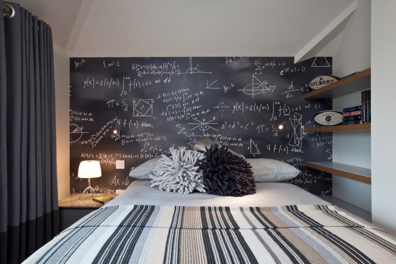 black and white room decorations black board with white chalk hand writing wallpaper wooden openshelves gray and black curtain