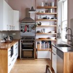 hanging shelves from ceiling wood cabinets hardwood floor sink stainless steel appliances sink pendant contemporary design