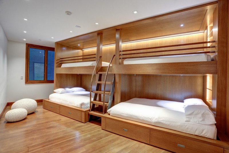 unde the bed storage beautiful floor window ceiling lights bunkbeds pillows stairs contemporary bedroom