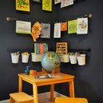 Kids' Room Idea Corner Racks With Hung Kids' Artworks Fun & Bright Kids' Furniture Set Dark Toned Walls