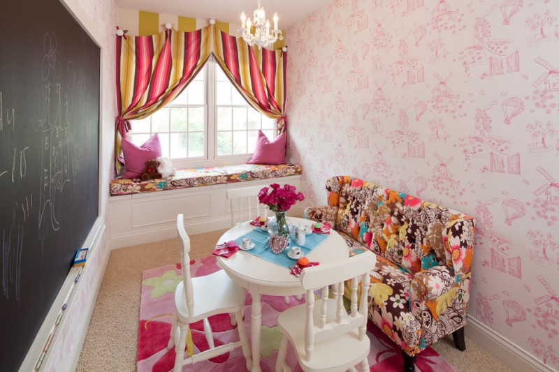 tea party decoration ideas pinkies room nice wallpaper shabby couch white wooden table and chairs pink rug window seat colorful curtain chandelier
