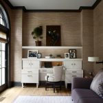 Office Wallpaper Grasscloth Wallpaper Crown Molding Beige Office Chair White Cabinet Sofa Pillows Textured Area Rug Side Lamp Arched Windows