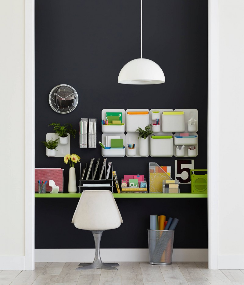 floating desk magnetic office organization magnetic storage white chair pendant bin black wall wooden floor