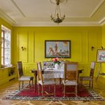 Yellow Dining Room Small Chandelier Yellow Walls Dining Table Dining Chairs Cabinet Windows Window Seats With Storage