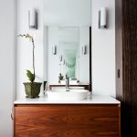 Bathroom Vanity Refacing Wall Sconce Wooden Floating Vanity White Top White Sink White Walls Mirror Beige Floor