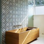Decorative Wall Tiles Wooden Tub Wall Mounted Tub Filler Frosted Glass Shower Doors Grey Geometric Tiles Windows Beige Floor Tiles