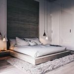 Bedroom With Grey Wall, Grey Cupboard, Grey Wooden Flooring, Grey Wooden Bedding, Grey Linen, Grey Rug, White And Black Lamps