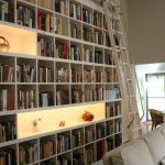 Bookcase With Ladder And Rail Display Shelves Grey Sofa Rattan Chair Recessed Lighting White Ladder Wooden Floor Ladder Railing