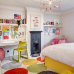 Kids Bedroom Desk Unique Lighting Colorful Rug White Bedding Yellow Bed Pink Armchair White Desk Yellow Chair Yellow Valance Table Lamp Shelves