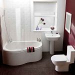 Bathroom With Dark Floor, White Toilet, White Sink Vanity, White Pear Bathtub With Shower, Glass Partition, White Wall, Red Wall
