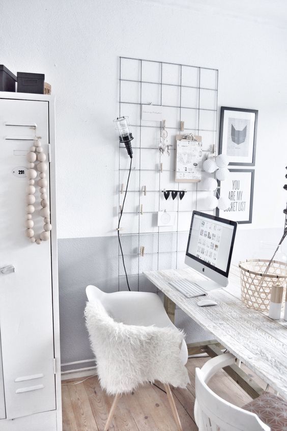 home office with wooden floor, white ashed wooden table, white midcentury chair, white cupboard