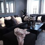Living Room, Grey Rug, Black Sofa, Black Cofee Table, Grey Wall