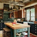Traditional Kitchen With Dark Green Cabinet, Dark Green Wall, Brown Wooden Cabinet On Top, Green Island With Brown Wooden Top, Industrial Chandelier