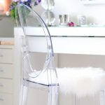 Vanity With White Table, White Lamp, Mirror, White Cabinet, Acrylic Chair With White Fur
