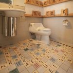 Bathroom, Scrabble Floor Tiles, Grey Wall, Scrabble Decoration On Wall, White Sink, Mirror