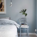 Bedroom, Light Grayish Blue Wall, Bedding, Chair, Wooden Floor, Pendant