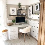 Home Office Corner, Grey Rug, White Beige Painted Wall, White Table With Drawers, Black Floating Shelves, White Floating Box For Shelves, Home Decorations, White Modern Chair