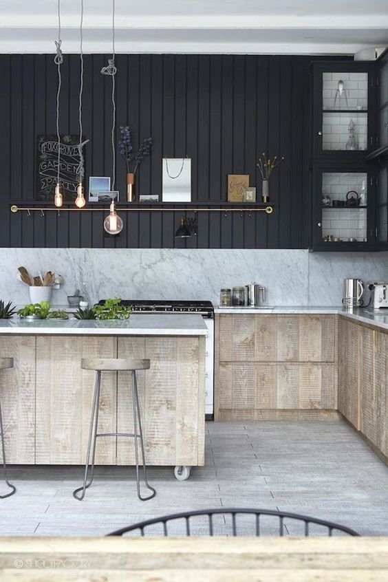 kitchen, white wooden floor, brown wooden cabinet, white marble top, black wood planks wall, white marble backsplash, wooden stool with metal legs