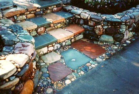 stairs with earthy tiles, pebbles, stones