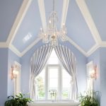 Unique Ceiling Purple Vaulted Ceiling Crystal Chandelier Silk Curtains Glass Windows Freestanding Bathtub Tub Filler Wall Sconces Chinese Stool