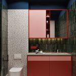 Bathroom, Green Tiles On The Wall, Red Cabinet, White Marble Top, Red Upper Cabinet, Mirror, White Marble Cuts Tiles, White Floating Toilet