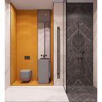 Bathroom, Grey Marble On The Shower Area, White Marble Outside, Yellow Tiny Tiles On Toilet Area, Grey Floating Toilet, Grey Tall Vanity, Mirror
