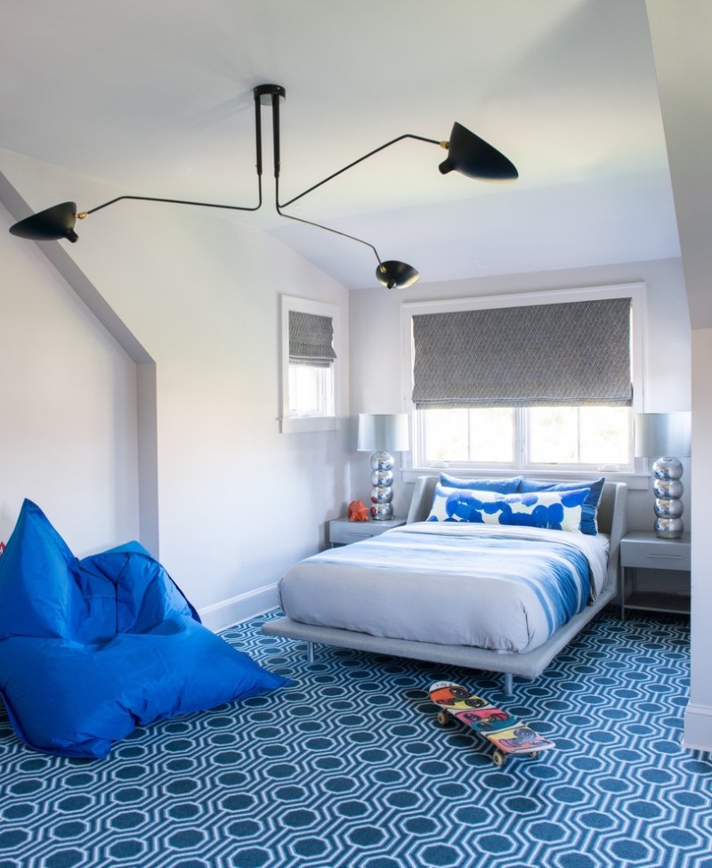 blue and gray bedroom black ceiling lamp blue area rug blue bedding blue bed blue table lamps blue nightstands blue eban bag grey walls grey roman shade windows