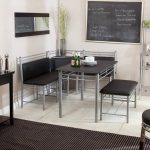 Grey Metal Dining Nook, Withblack Cushion On Corner Bench And Bench, Black Table Top