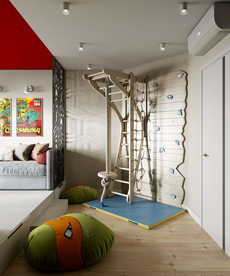 kids bedroom with wooden floor, climbing board, swing, wooden stage with bed, red ceiling, orroman, ceiling lamp