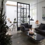Living Room, Old Seamless Floor, Glass Partition, Black Chair And Sofa With Black Cushion, Black Pendants, Copper Pendant, Black Coffee Table, Glass Window, Side Table