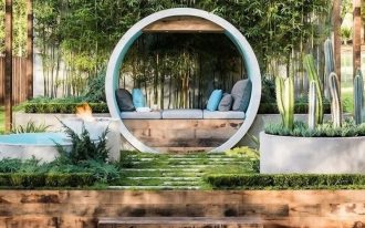 round wheel with floating bench and cushions and pilloes inside