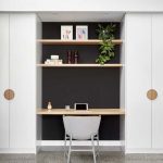 Alcove Between White Cupboardm Dark Wall, Wooden Floating Shelves, Wooden Floating Table, White Modern Chair
