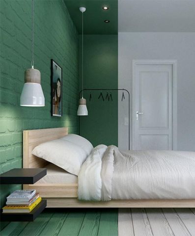 bedroom, wooden plank floor in white and green, green painted wall on the head bed, black floating shelves, white pendant on long rope, white bedding