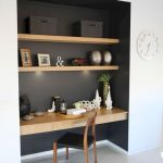 Black Painted Alcove, Brown Wooden Floating Shelves, Brown Wooden Floating Table With Drawer, Wooden Chair With Black Leater Seat