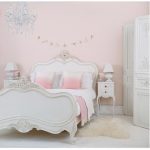 Kids Bedroom, White Wooden Floor, Pink Wall, White Wooden Bed Platform With Details, Crystal Chandelier, White Side Table, White Table Lamp
