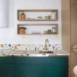 Kitchen, Wooden Chevron Floor, Green Cabinet, Terazzo Top, White Wall, Floating Wooden Box Shelves, Wooden Pantry