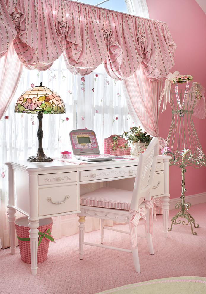 privacy window treatment pink curtains pink valances colorful table lamp white desk white wooden chair pink walls windows pink carpet