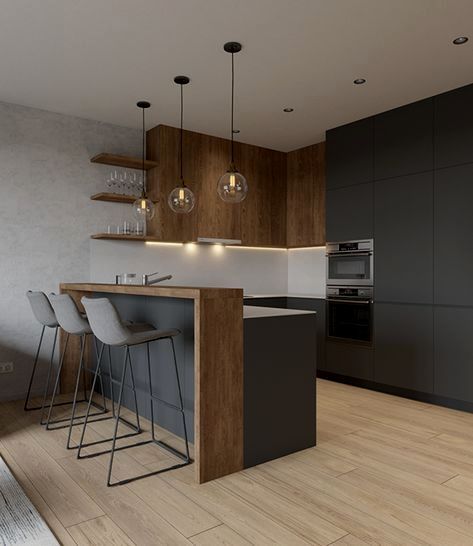 small kitchen, wooden floor, dark cabinet and pantry, wooden upper cabinet, pendants, ceiling lamp, floating shelves, grey stool